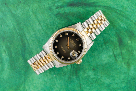 Rolex Datejust 36 16233 Black Vignette Diamond Dial Two-Tone Yellow Gold 1988 - The Watch Business Sydney