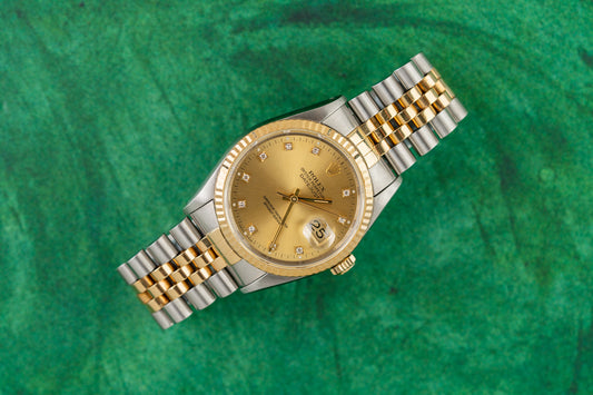Rolex Datejust 36 Champagne Diamond Dial 16233 Two Tone Yellow Gold 1991 Model