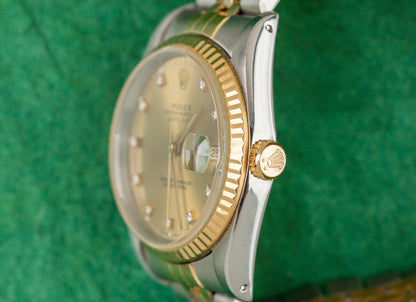 Rolex Datejust 36 Champagne Diamond Dial 16233 Two Tone Yellow Gold 1991 Model