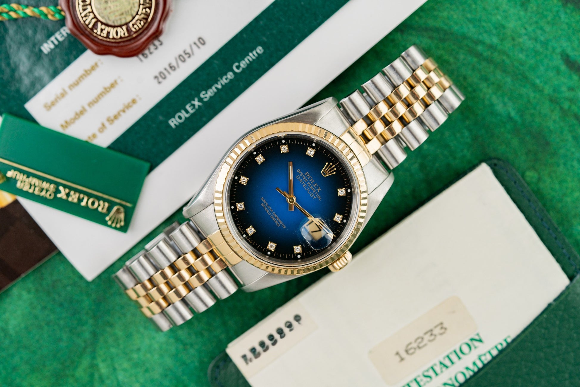 Rolex Datejust 36 Blue Diamond Vignette Dial 16233 Two Tone Yellow Gold 1991 Model