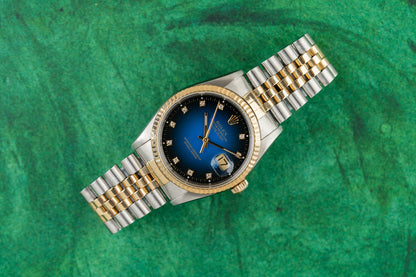 Rolex Datejust 36 Blue Diamond Vignette Dial 16233 Two Tone Yellow Gold 1991 Model