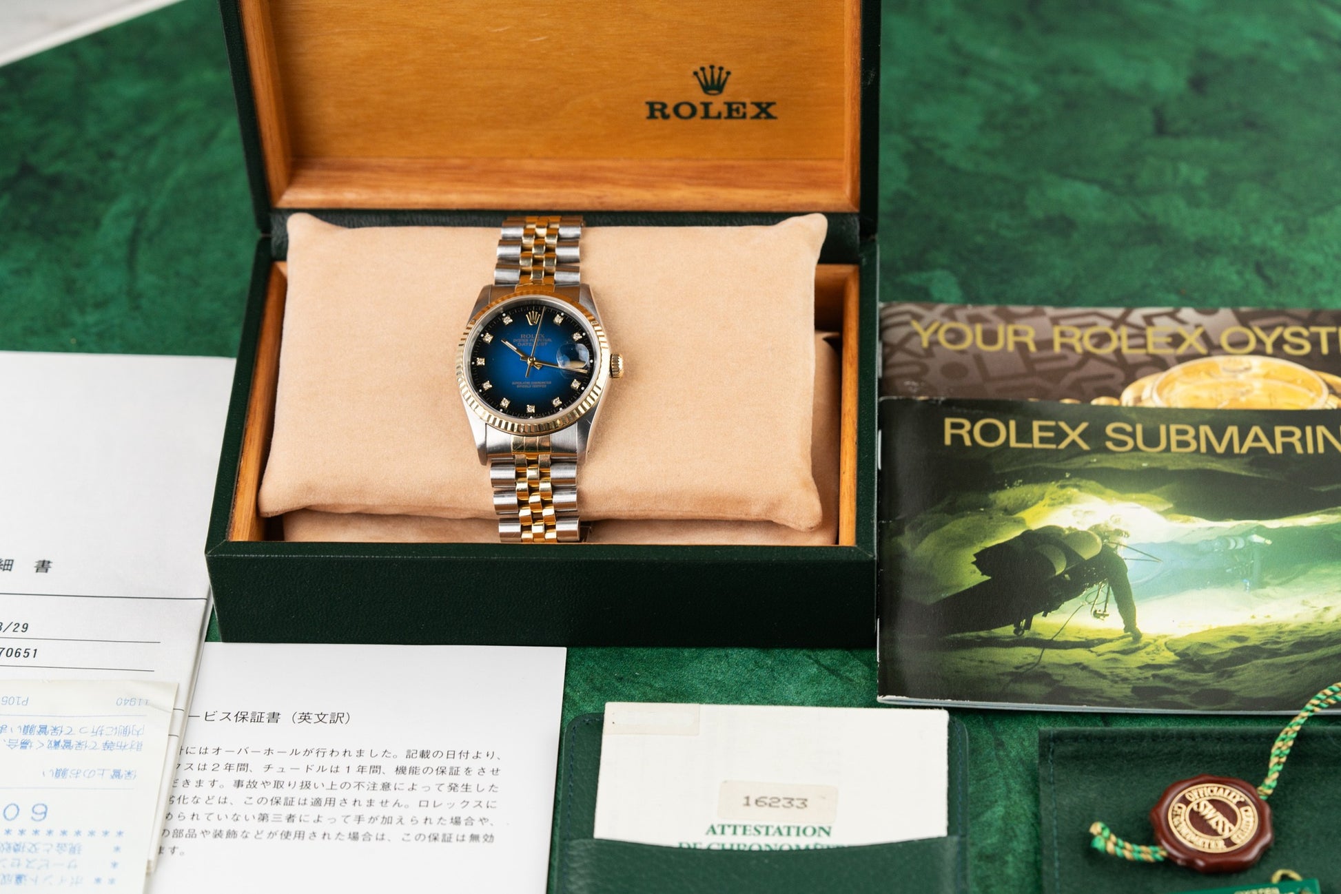 Rolex Datejust 36 Blue Diamond Vignette Dial 16233 Two Tone Yellow Gold 1991 Model