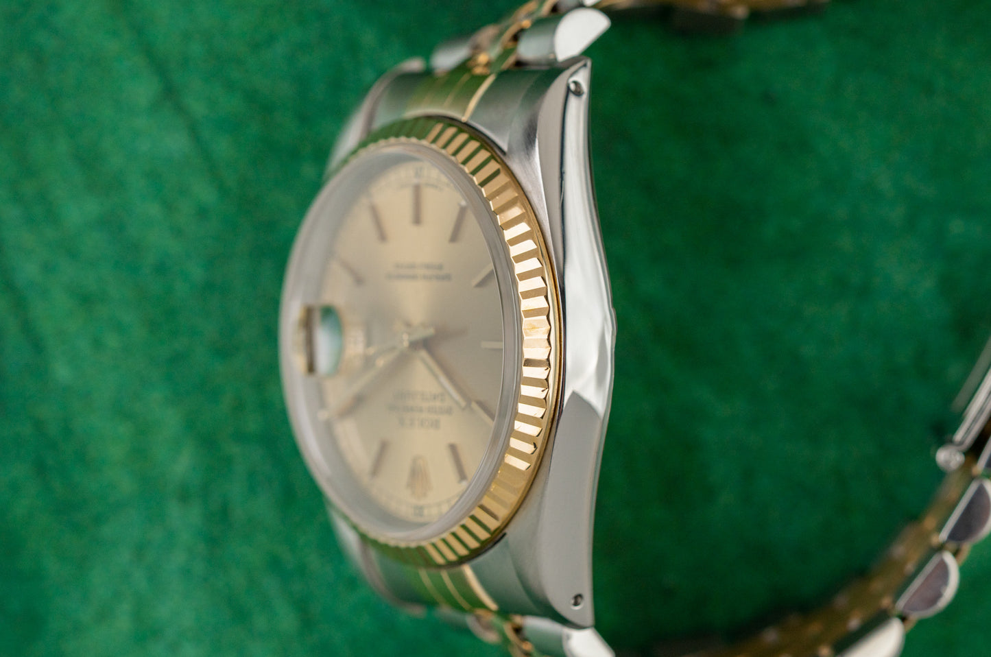 Rolex Datejust 36 Champagne Index Dial 16233 case and crown - The Watch Business