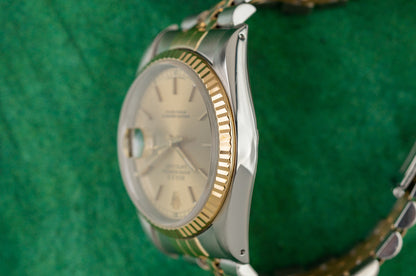 Rolex Datejust 36 Champagne Index Dial 16233 case and crown - The Watch Business