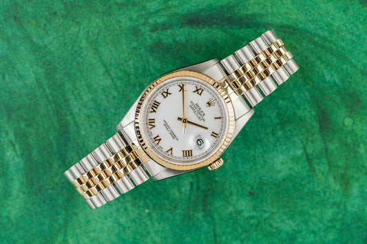 Rolex Datejust 36 16233 White Roman Dial Two-Tone Yellow Gold 2000 - The Watch Business Sydney