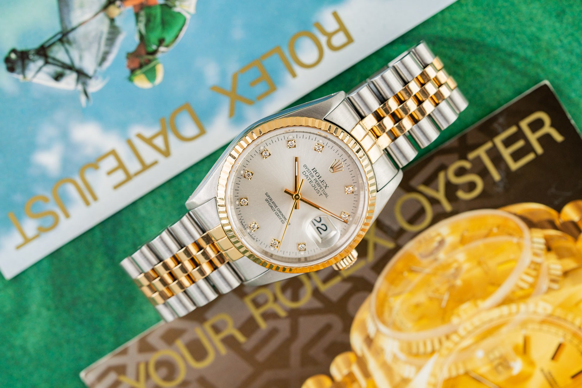 Rolex Datejust 36 16233 Silver Diamond Dial Yellow Gold Fluted Bezel Case - The Watch Business Sydney CBD