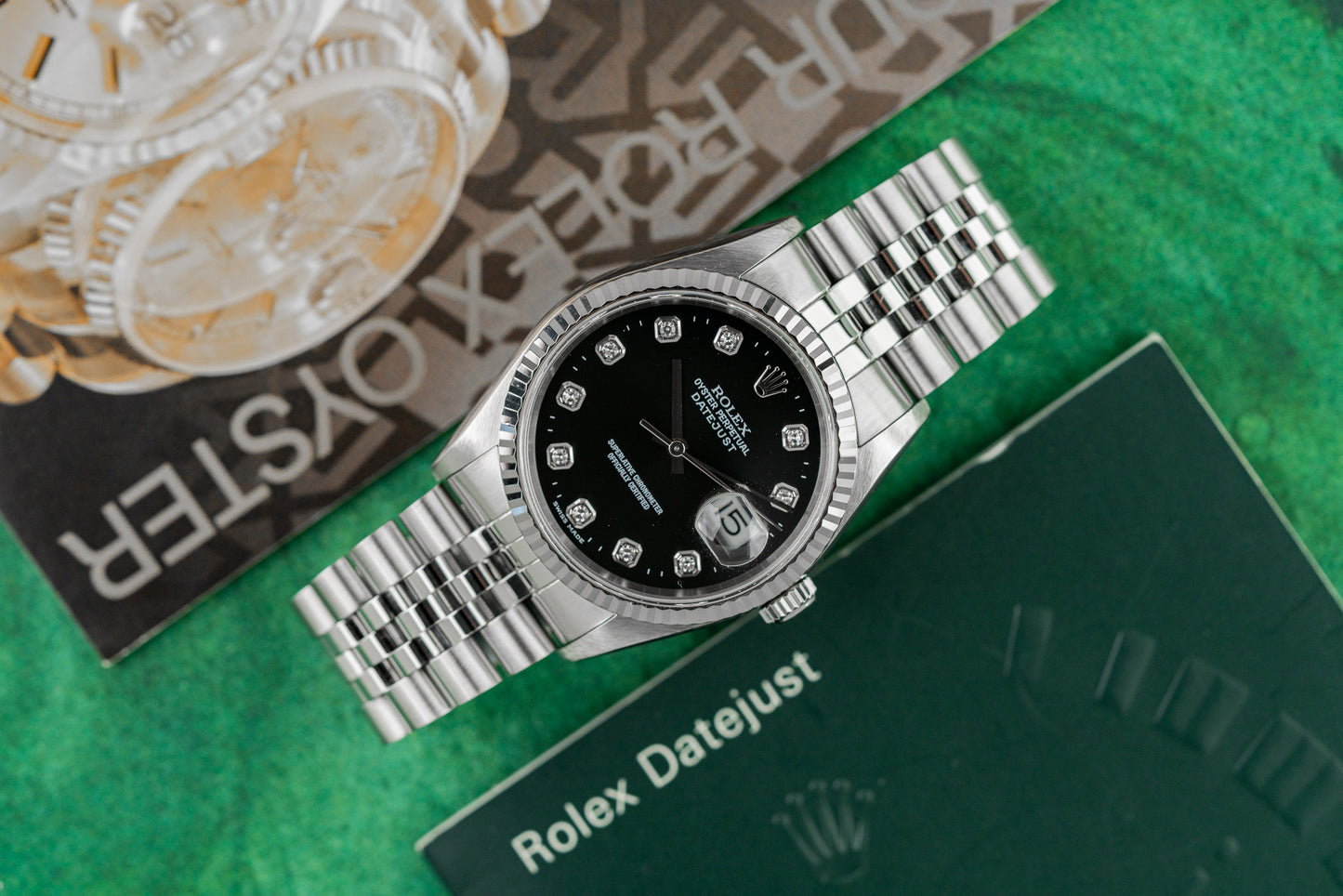 Rolex Datejust 36 Black Diamond Dial 16234G dial close-up - Pre-Owned Sydney