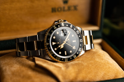 Rolex GMT-Master II Black Dial 16713 Two Tone Yellow Gold 1994 Model