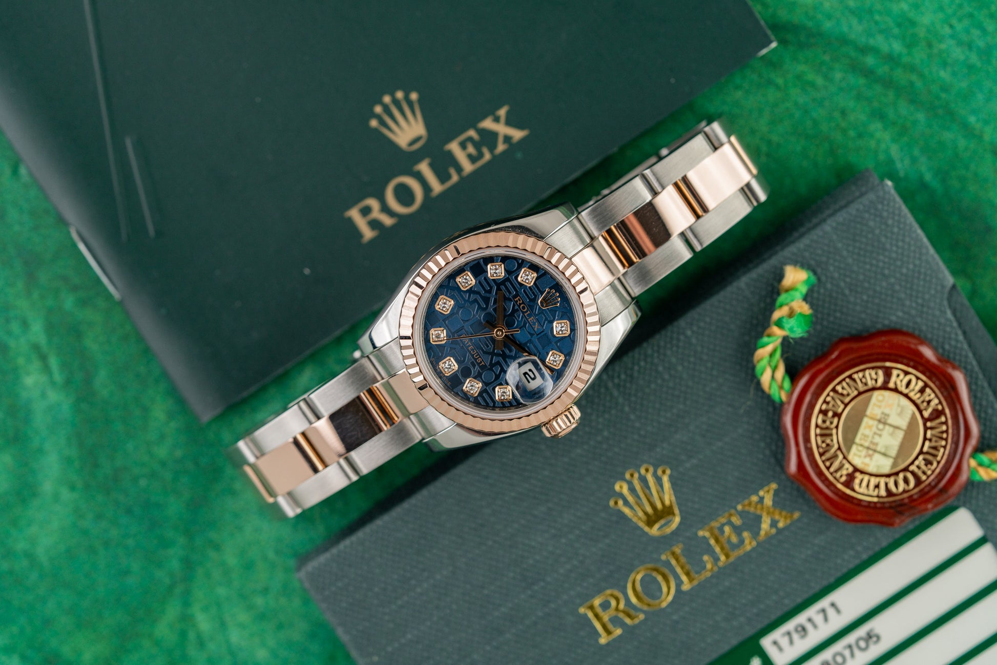Rolex Lady-Datejust 26 179171 Blue Jubilee Diamond Dial Everose Rose Gold Fluted Bezel - The Watch Business Sydney CBD
