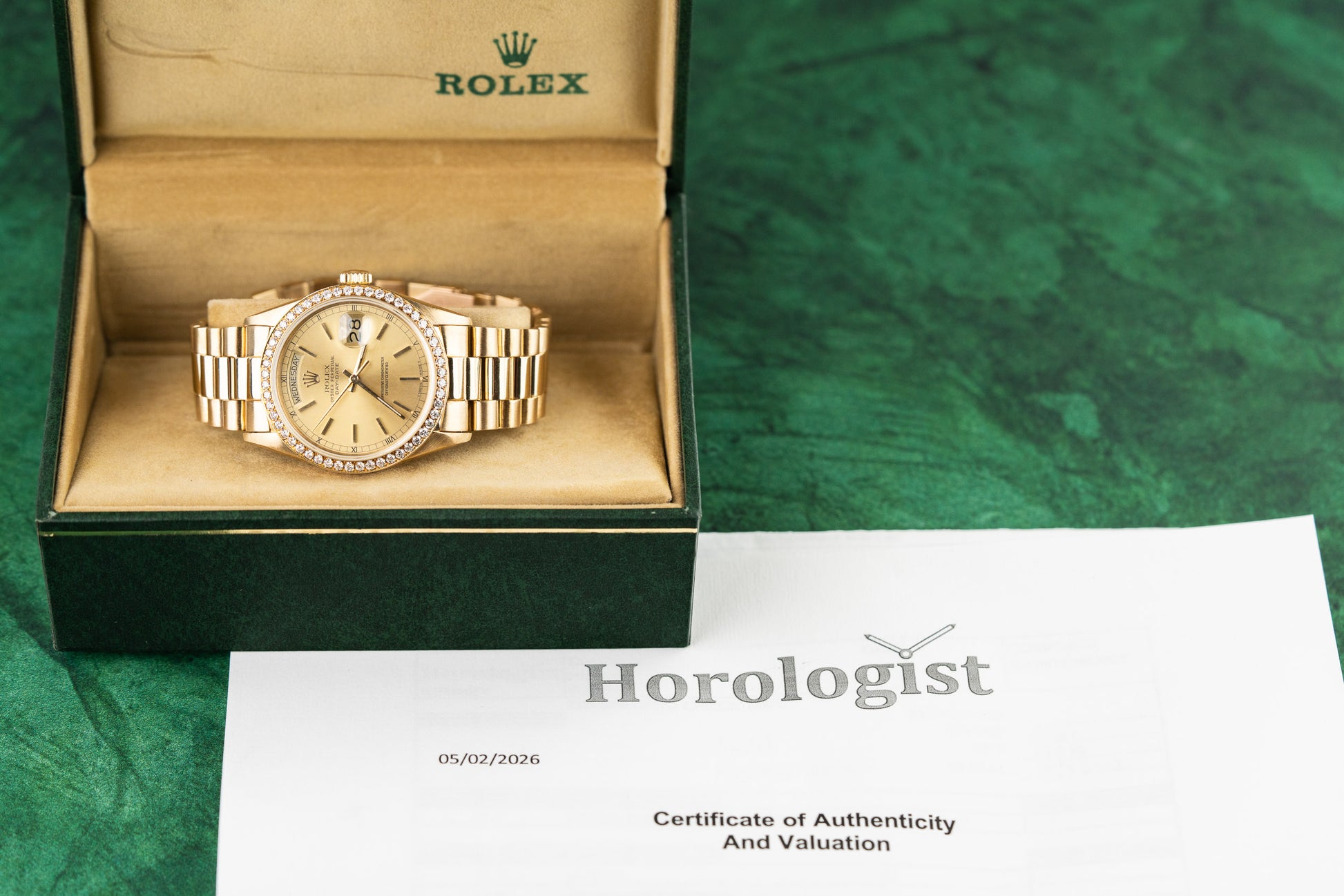 Rolex Day-Date 36 yellow gold watch, model 18038, champagne index dial, custom diamond bezel, 1987, pre-owned luxury watch sold by The Watch Business Sydney