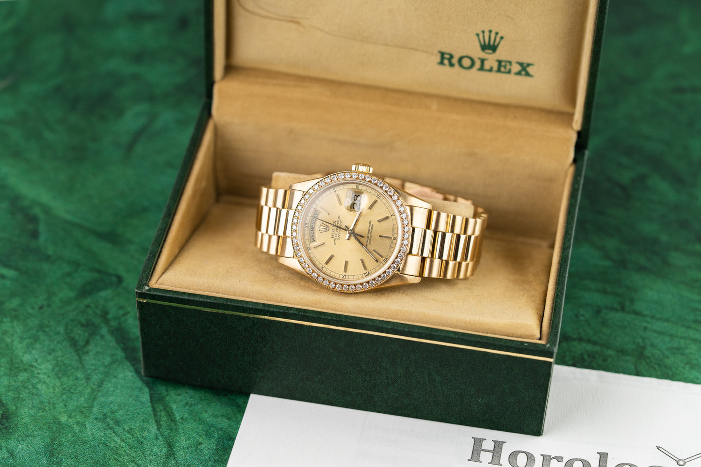 Rolex Day-Date 36 yellow gold watch, model 18038, champagne index dial, custom diamond bezel, 1987, pre-owned luxury watch sold by The Watch Business Sydney