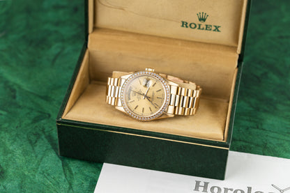 Rolex Day-Date 36 yellow gold watch, model 18038, champagne index dial, custom diamond bezel, 1987, pre-owned luxury watch sold by The Watch Business Sydney