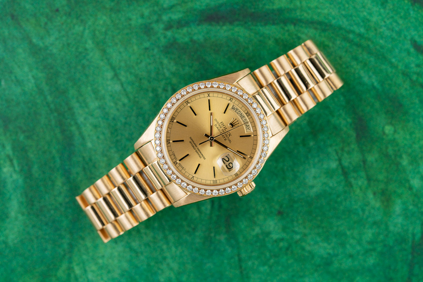 Rolex Day-Date 36 yellow gold watch, model 18038, champagne index dial, custom diamond bezel, 1987, pre-owned luxury watch sold by The Watch Business Sydney