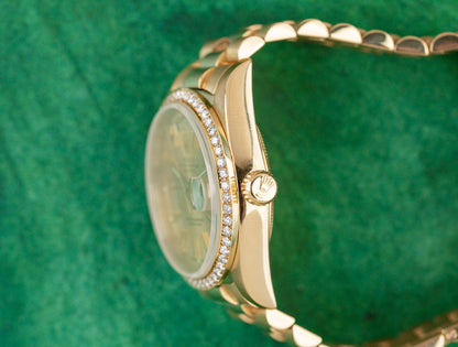 Rolex Day-Date 36 yellow gold watch, model 18038, champagne index dial, custom diamond bezel, 1987, pre-owned luxury watch sold by The Watch Business Sydney