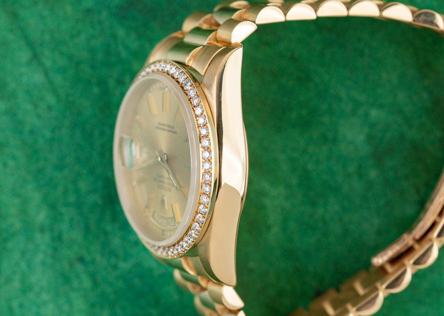 Rolex Day-Date 36 yellow gold watch, model 18038, champagne index dial, custom diamond bezel, 1987, pre-owned luxury watch sold by The Watch Business Sydney