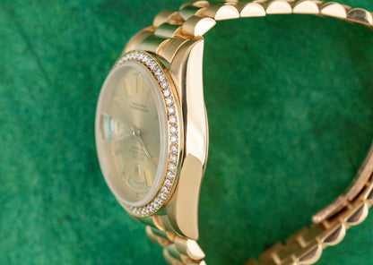 Rolex Day-Date 36 yellow gold watch, model 18038, champagne index dial, custom diamond bezel, 1987, pre-owned luxury watch sold by The Watch Business Sydney