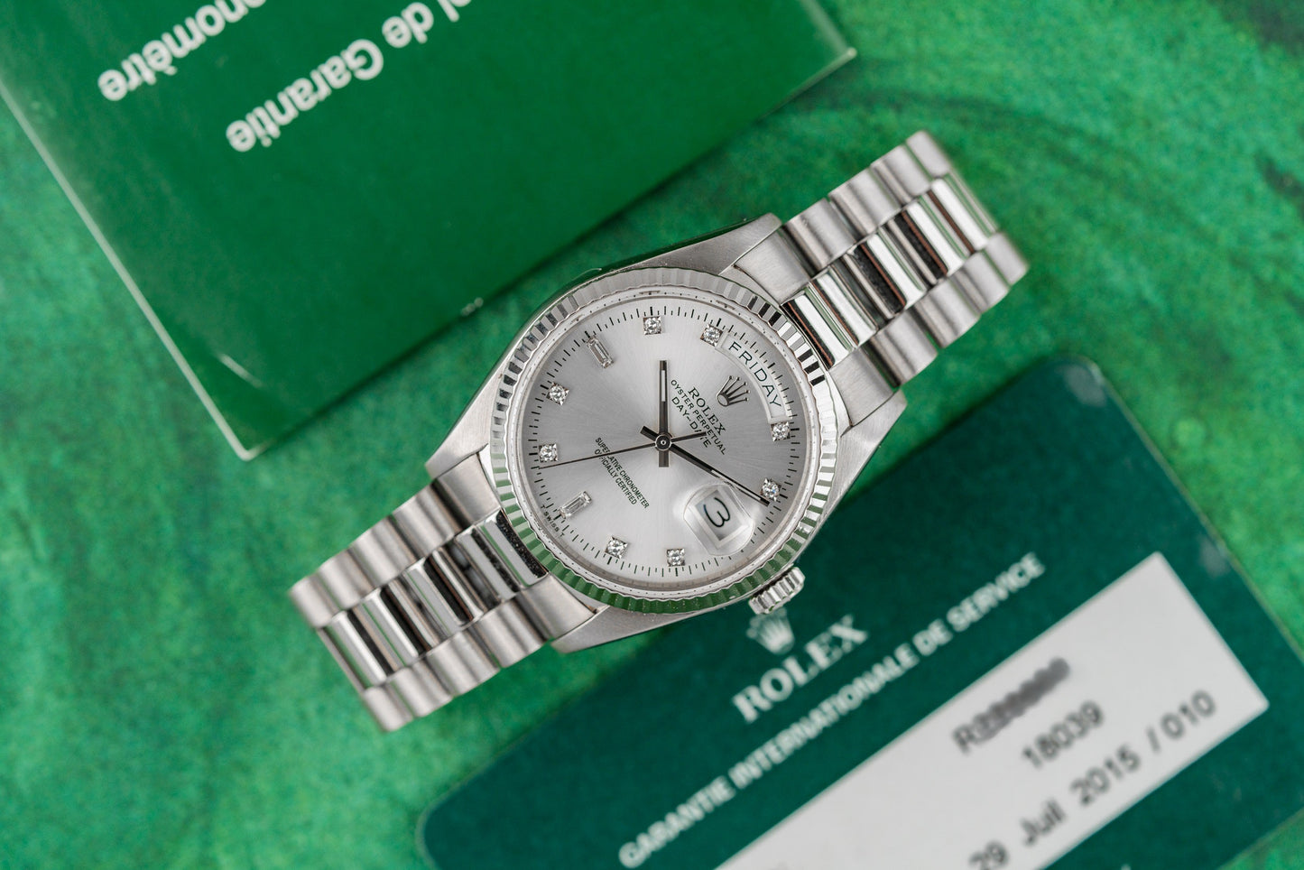 Rolex Day-Date 36 Factory Diamond Dial 18039 White Gold 1987 Model
