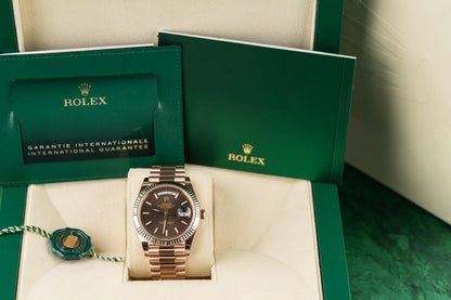 Rolex Day-Date 40 228235 - Everose gold with stunning chocolate motif dial, 2020. Full set, one link short. Shop Sydney luxury.