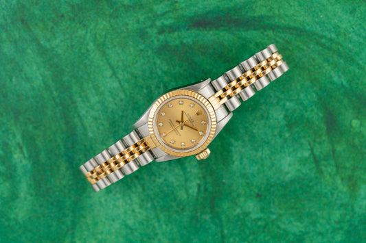 Rolex Oyster Perpetual 26mm Champagne Diamond Dial 67193 Two Tone Yellow Gold