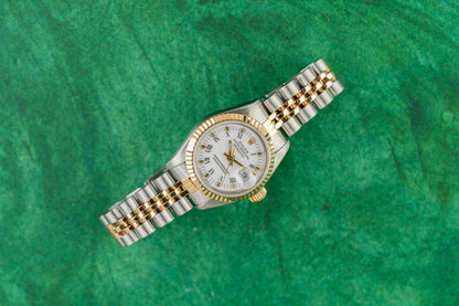 Rolex Lady-Datejust 26 69173 White Roman Dial Two-Tone Yellow Gold 1990 - The Watch Business Sydney