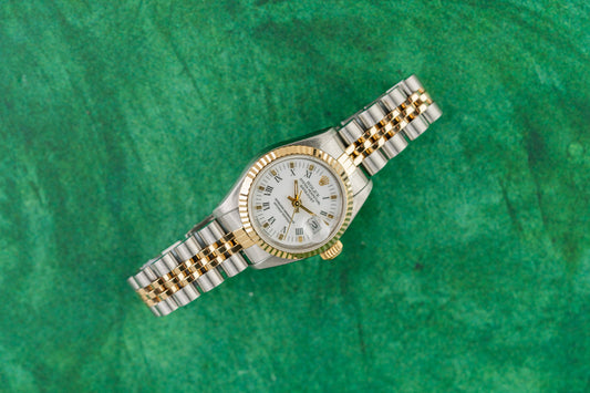 Rolex Lady-Datejust 26 69173 White Roman Dial Two-Tone Yellow Gold 1990 - The Watch Business Sydney