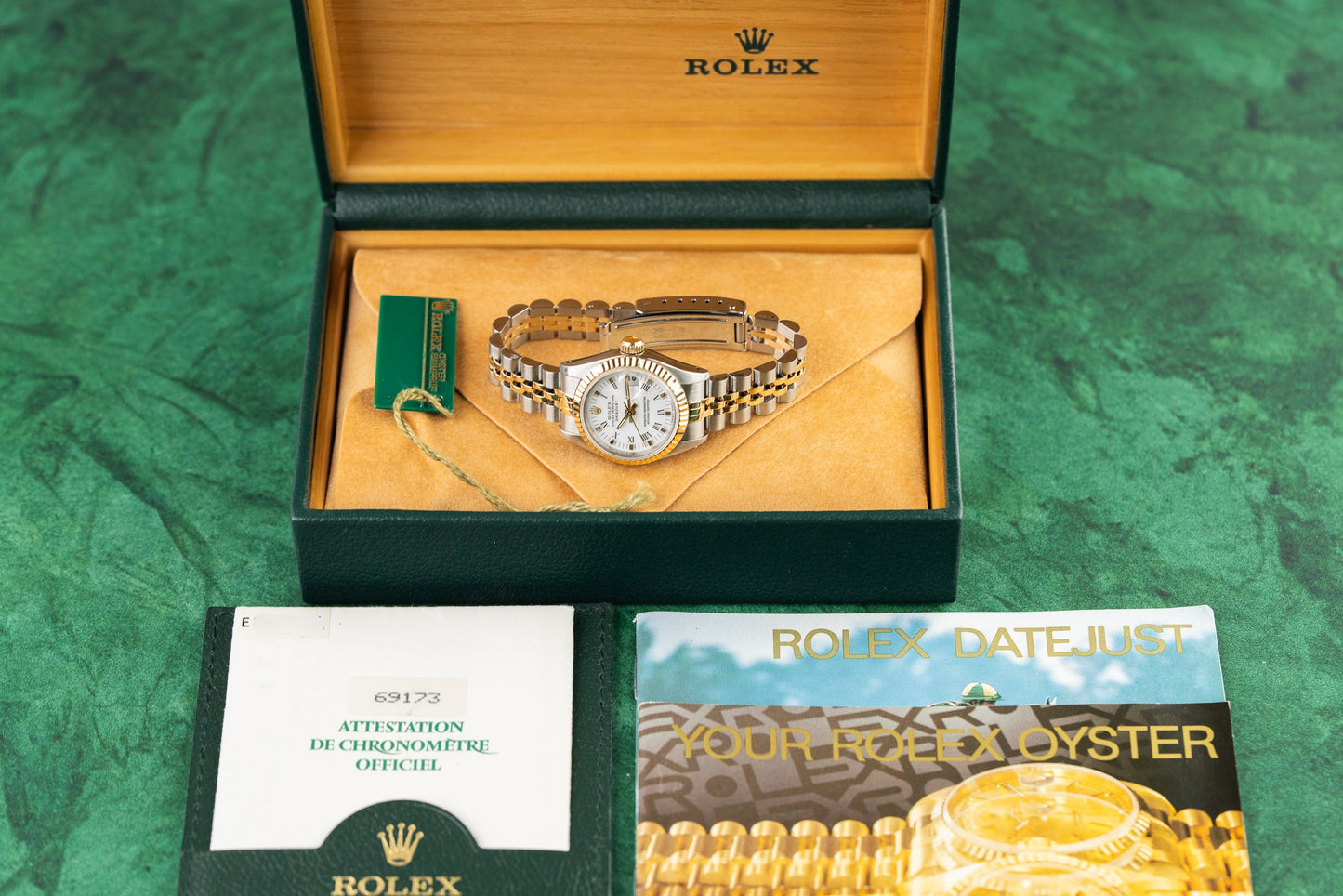 Rolex Lady-Datejust 26 69173 White Roman Dial Yellow Gold Fluted Bezel Case - The Watch Business Sydney CBD