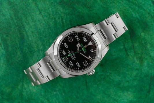 Rolex Air-King 116900 Black Dial Green Yellow Script Minute Scale - The Watch Business Sydney
