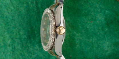 Rolex Lady-Datejust 26 Silver Jubilee Diamond Dial 69173 case and crown - The Watch Business