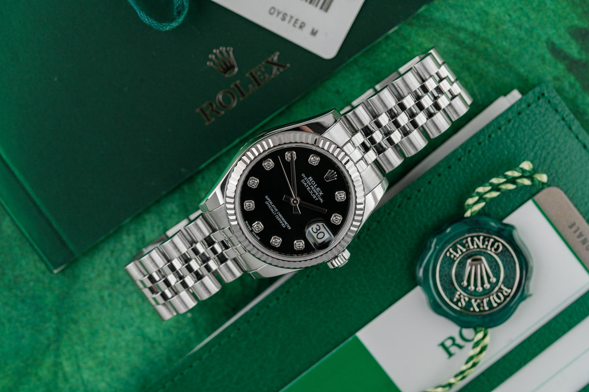 Rolex Datejust 31 178274 Black Diamond Dial White Gold Fluted Bezel Case - The Watch Business Sydney CBD