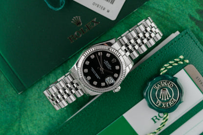 Rolex Datejust 31 178274 Black Diamond Dial White Gold Fluted Bezel Case - The Watch Business Sydney CBD