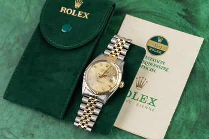 Rolex Datejust 36 16013 Champagne Diamond Dial Rolex Travel Pouch 1979 - The Watch Business Sydney