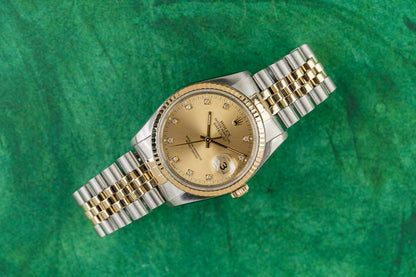 Rolex Datejust 36 16233 Champagne Diamond Dial Two Tone 1989 - The Watch Business Sydney