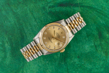 Rolex Datejust 36 16233 Champagne Diamond Dial Large Diamond Hour Markers - The Watch Business Sydney