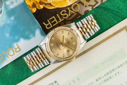 Rolex Datejust 36 16233 Champagne Diamond Dial Yellow Gold Fluted Bezel Case - The Watch Business Sydney CBD
