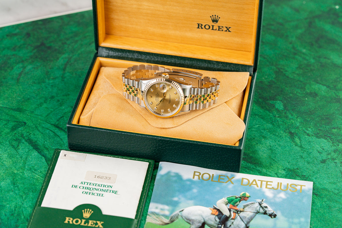 Rolex Datejust 36 16233 Champagne Diamond Dial Full Set X Serial 1991 - The Watch Business Sydney