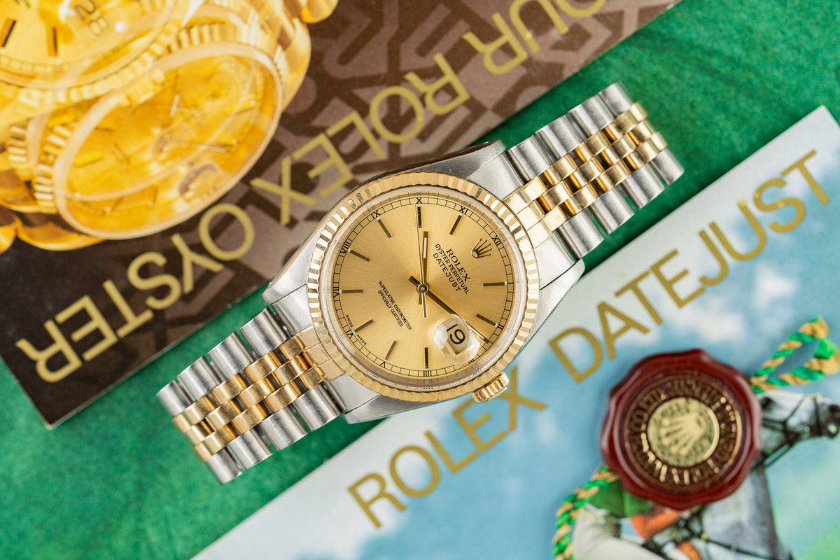 Rolex Datejust 36 16233 Champagne Dial Roman Chapter Ring Baton Markers - The Watch Business Sydney