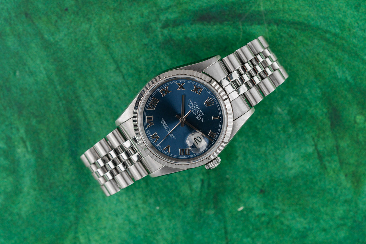 Rolex Datejust 36 16234 Blue Roman Dial Fluted Bezel Jubilee 2003 - The Watch Business Sydney
