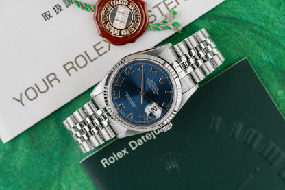 Rolex Datejust 36 16234 Blue Roman Dial with Booklets - The Watch Business Sydney