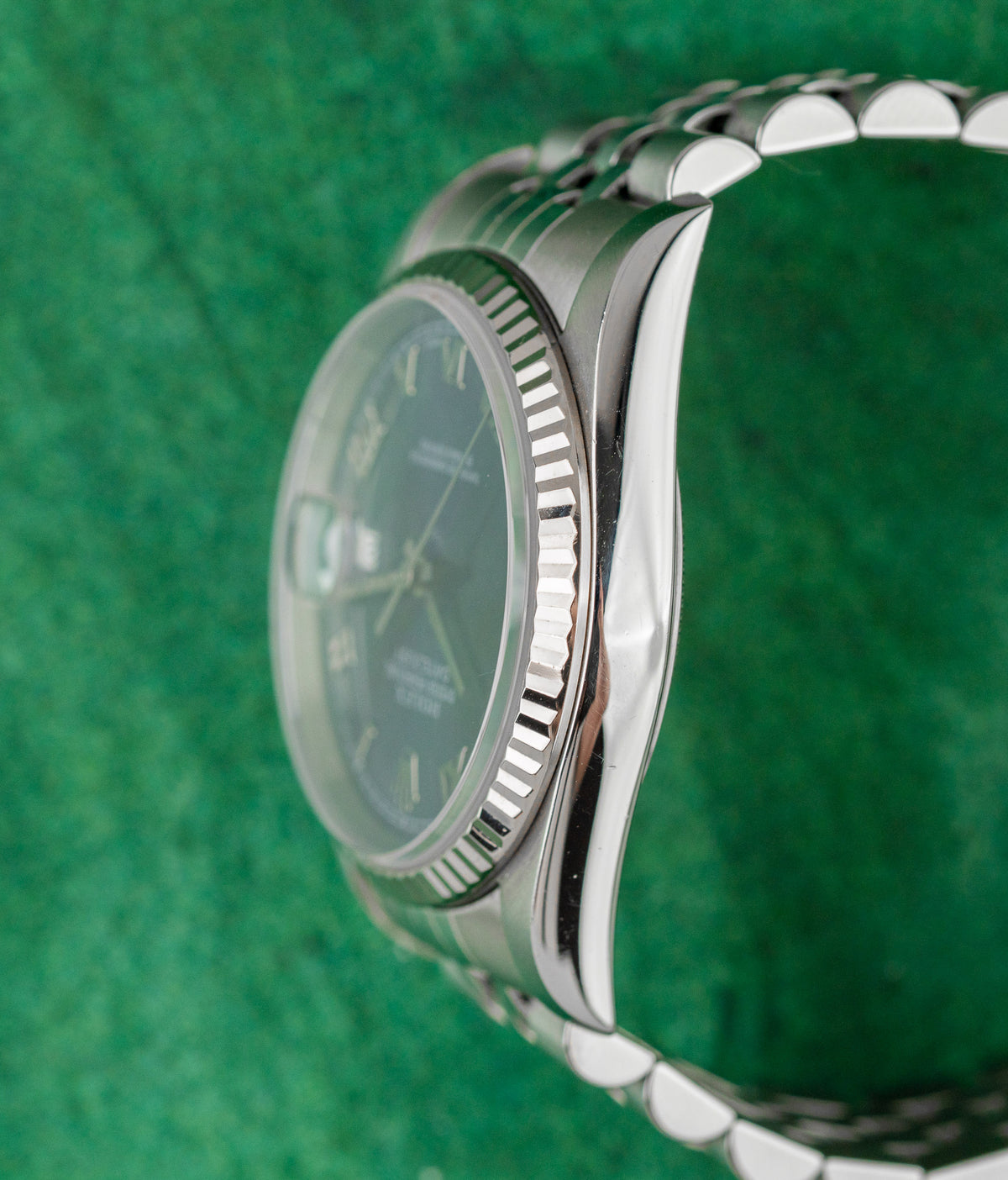 Rolex Datejust 36 16234 Blue Roman Dial White Gold Fluted Bezel Case Profile - The Watch Business Sydney