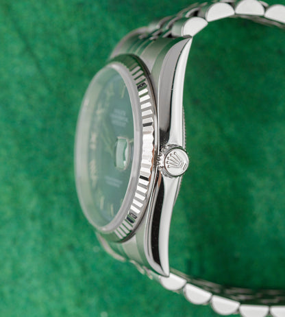 Rolex Datejust 36 16234 Blue Roman Dial Crown Side Case - The Watch Business Sydney CBD