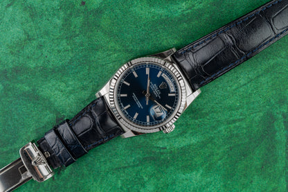 Rolex Day-Date 36 118139 Blue Dial 18k White Gold Leather Strap - The Watch Business Sydney