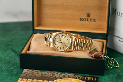 Rolex Day-Date 36 18038 Champagne Index Dial Yellow Gold 1987 - The Watch Business Sydney