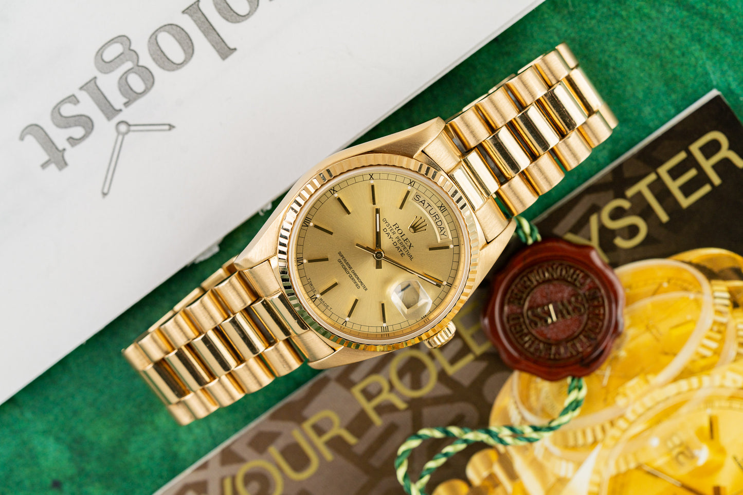 Rolex Day-Date 36 18038 Champagne Index Dial Fluted Bezel Yellow Gold Case - The Watch Business Sydney CBD