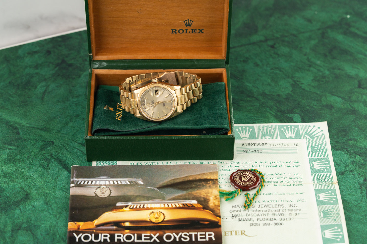 Rolex Day-Date 36 18078 Silver Dial Yellow Gold Bark Bezel 1981 - The Watch Business Sydney