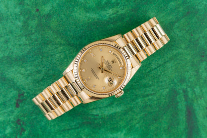 Rolex Day-Date 36 18238 Champagne Diamond Dial 18k Yellow Gold President 1996 - The Watch Business Sydney