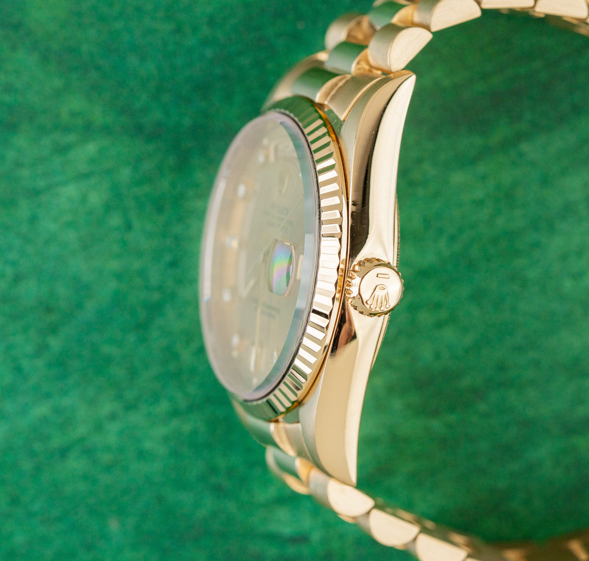 Rolex Day-Date 36 18238 Champagne Diamond Dial Fluted Bezel and Crown - The Watch Business Sydney
