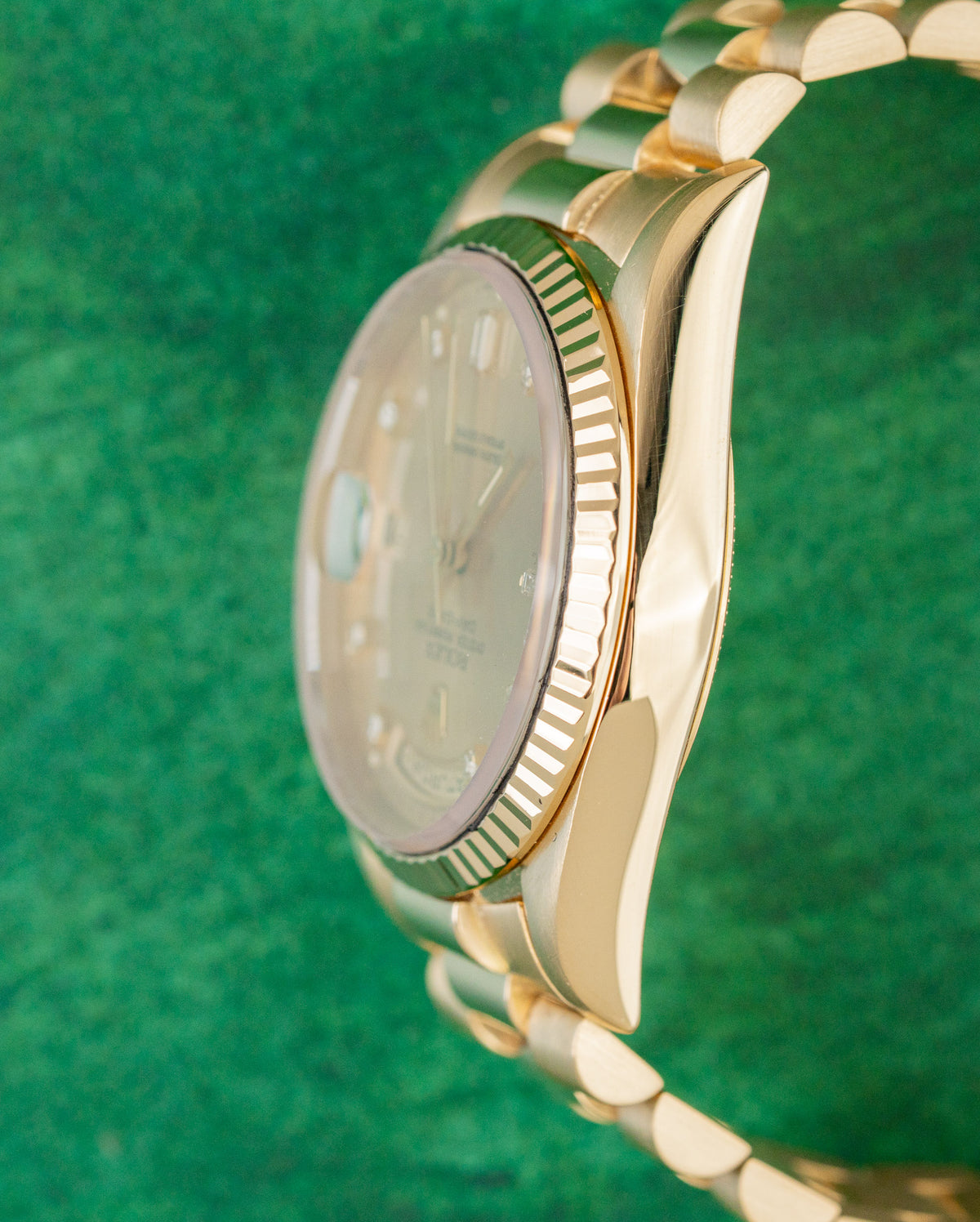 Rolex Day-Date 36 18238 Champagne Diamond Dial Yellow Gold Case Profile - The Watch Business Sydney CBD