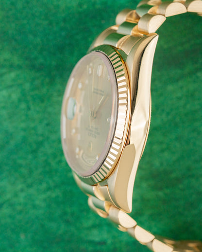Rolex Day-Date 36 18238 Champagne Diamond Dial Yellow Gold Case Profile - The Watch Business Sydney CBD