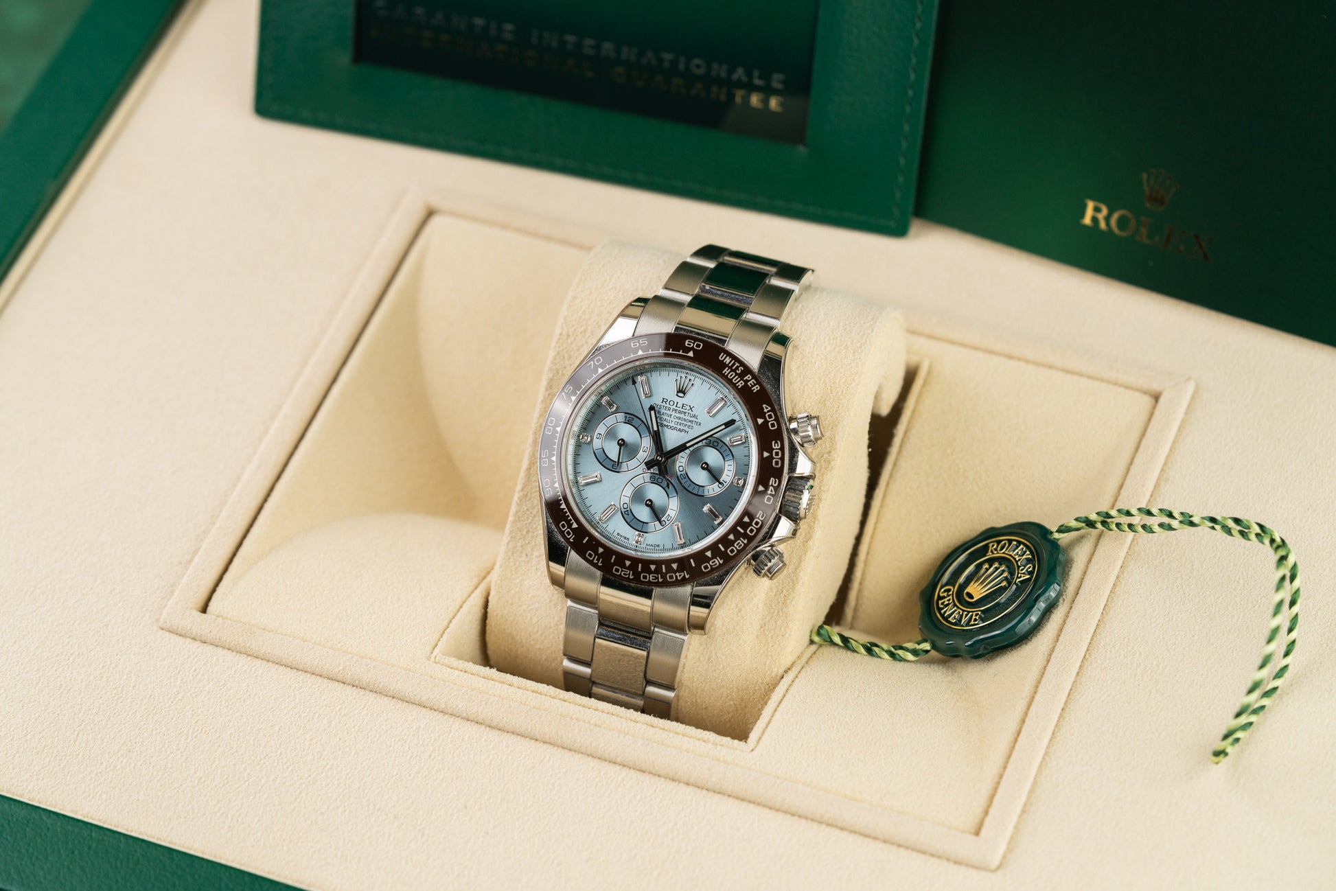 Rolex Daytona 116506 Ice Blue Dial Baguette Diamond Hour Markers - The Watch Business Sydney