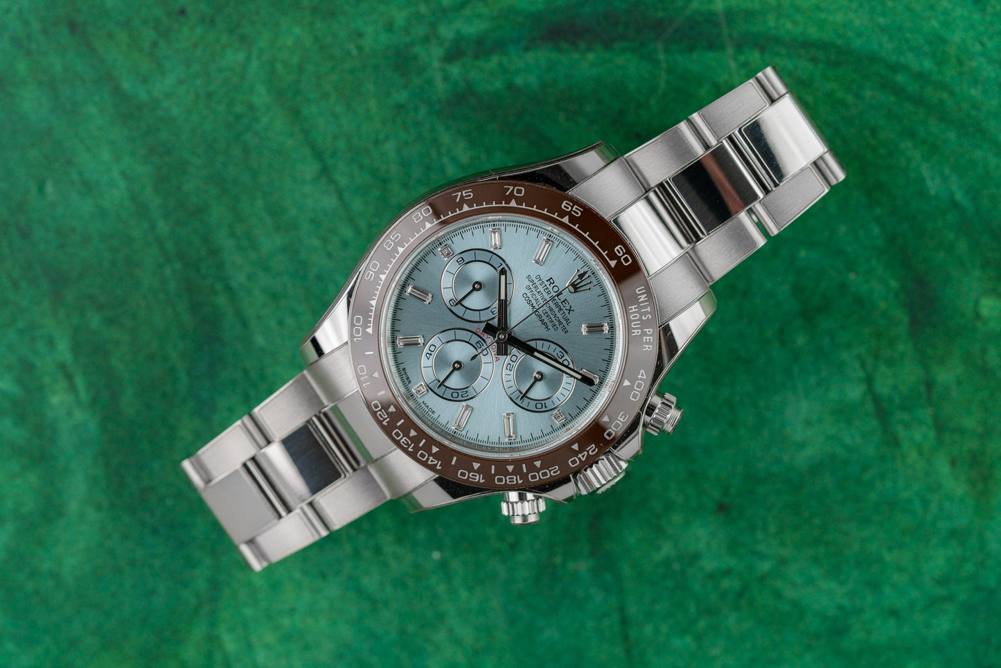 Rolex Daytona 116506 Ice Blue Dial Chestnut Cerachrom Bezel Platinum Case - The Watch Business Sydney CBD